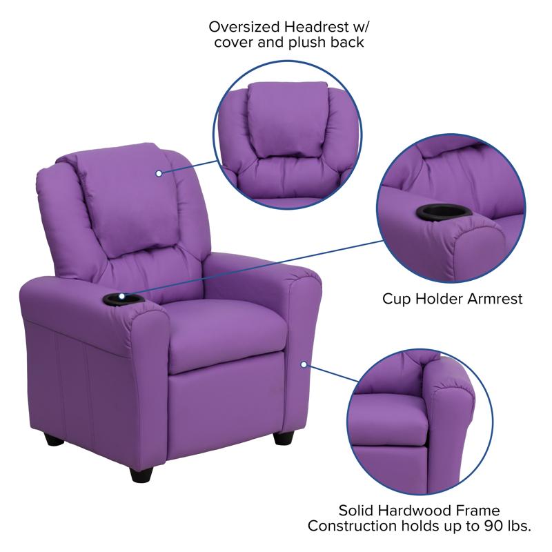 Lavender Vinyl Kids Recliner with Cup Holder and Headrest