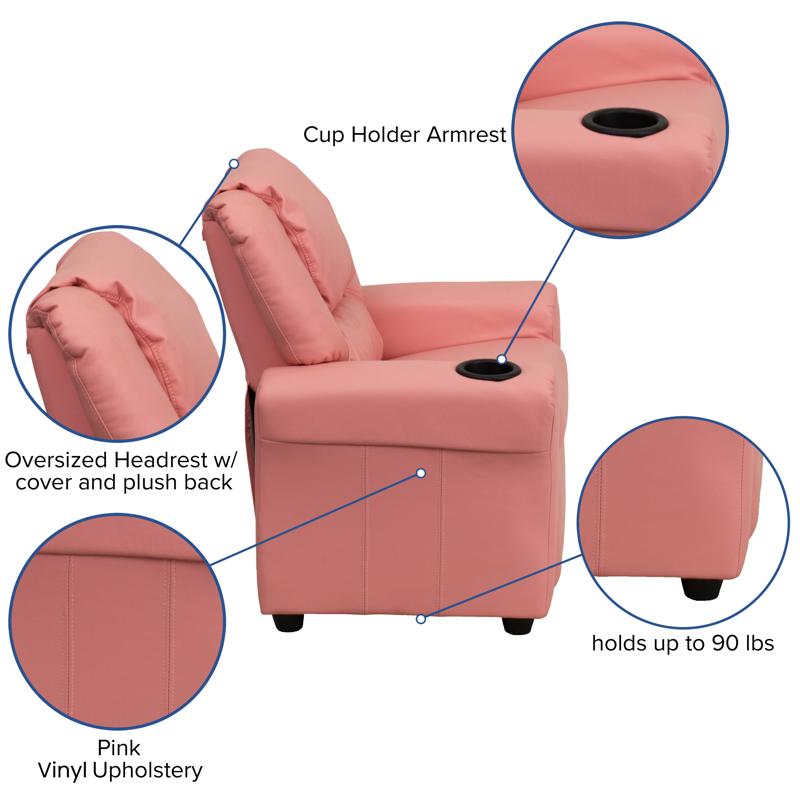 Pink Vinyl Kids Recliner with Cup Holder and Headrest