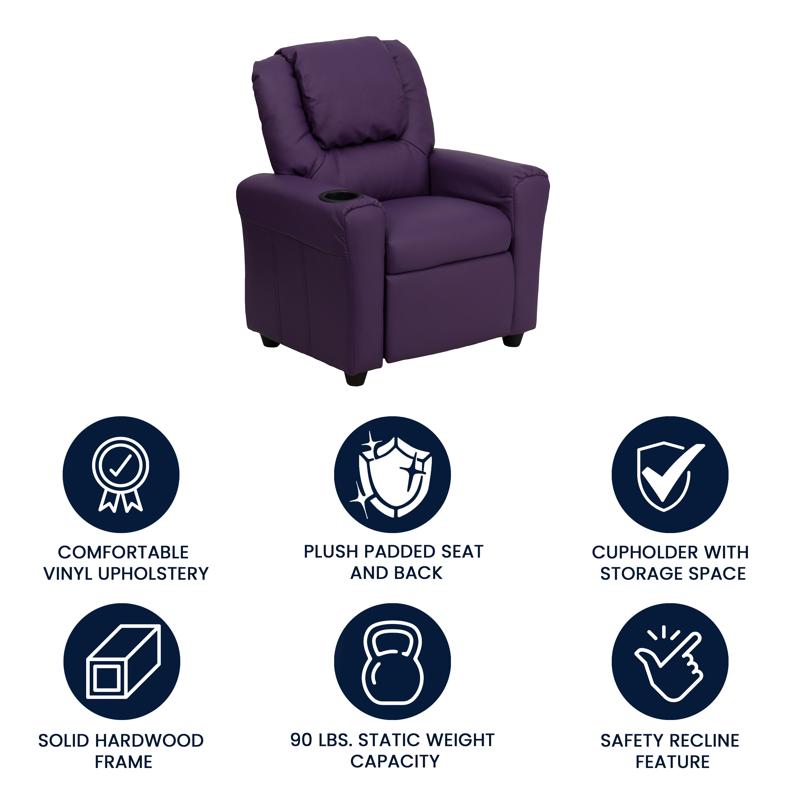 Purple Vinyl Kids Recliner with Cup Holder and Headrest