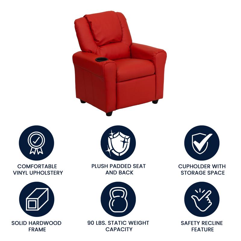 Red Vinyl Kids Recliner with Cup Holder and Headrest