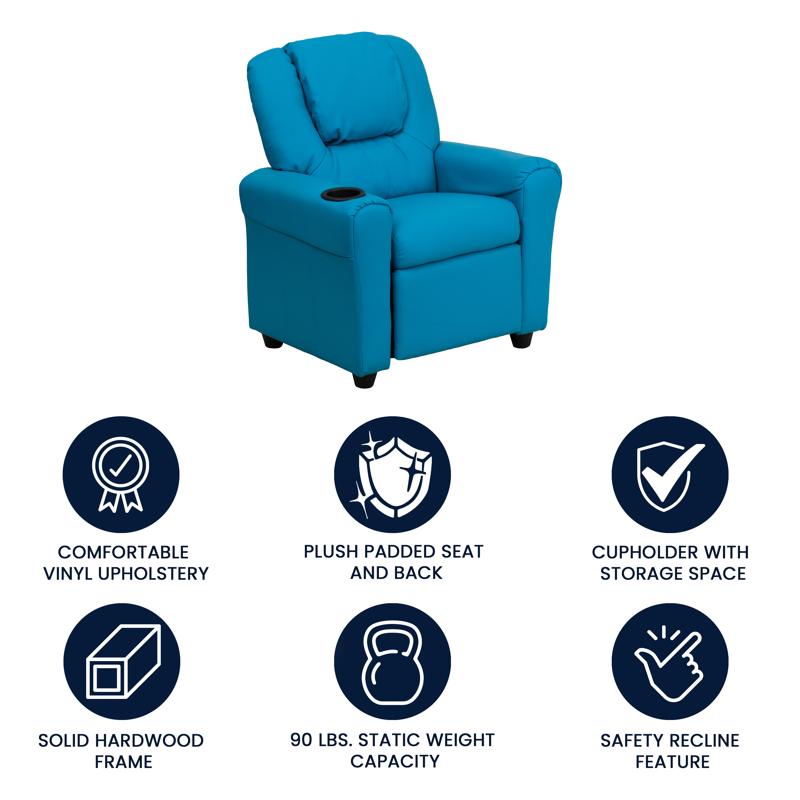 Turquoise Vinyl Kids Recliner with Cup Holder and Headrest