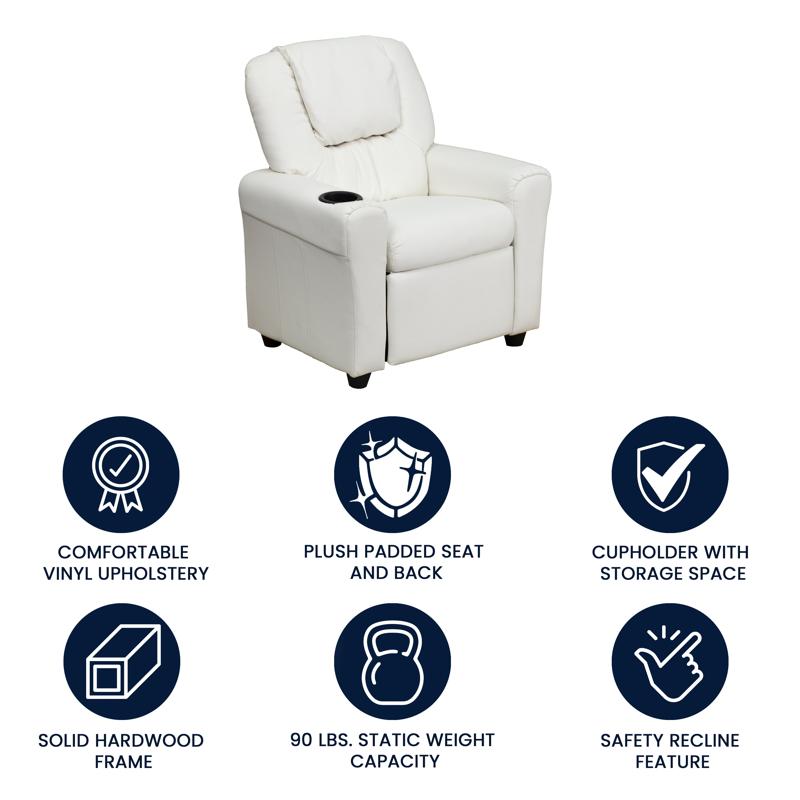White Vinyl Kids Recliner with Cup Holder and Headrest