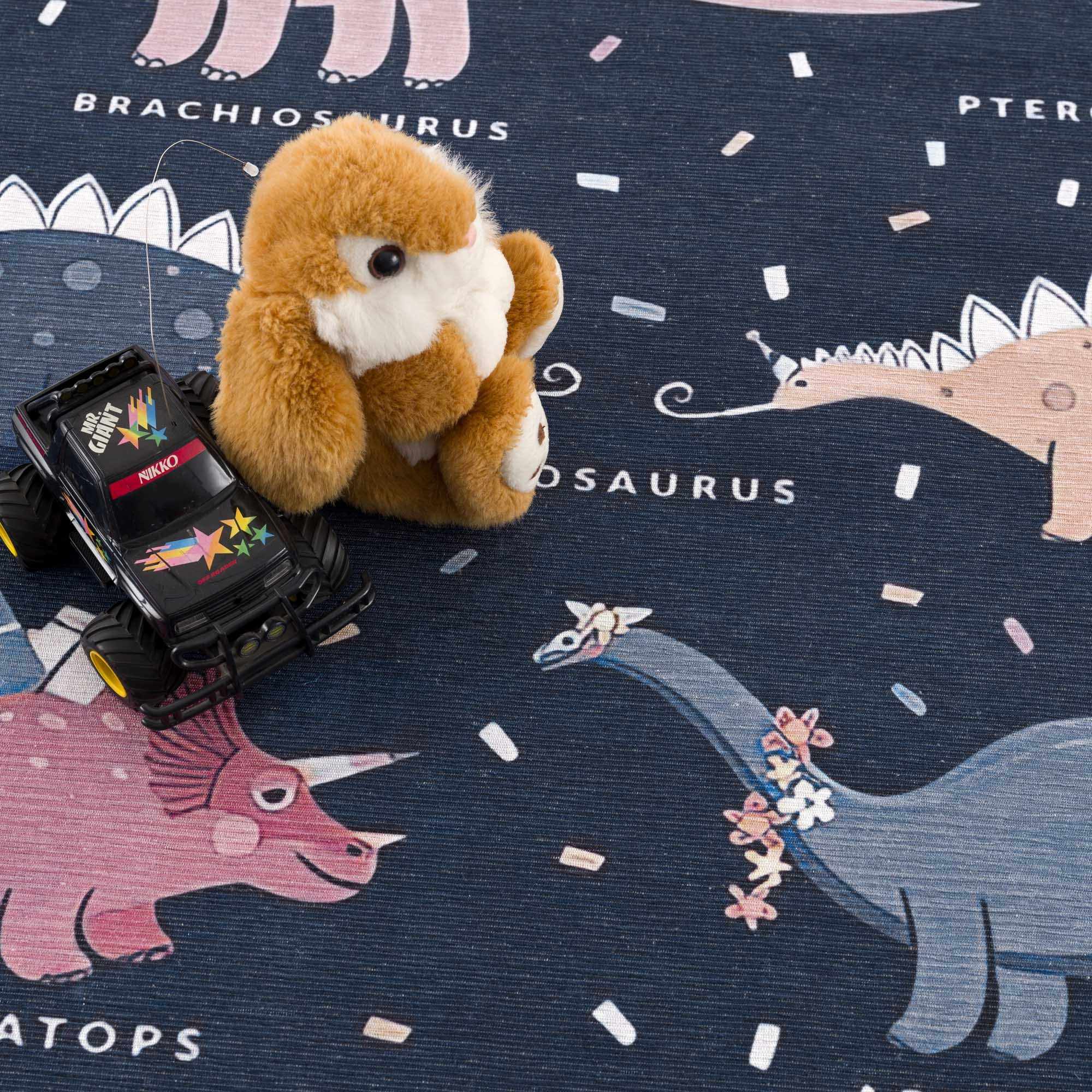Milne Navy Dinosaur Washable Kids Rug