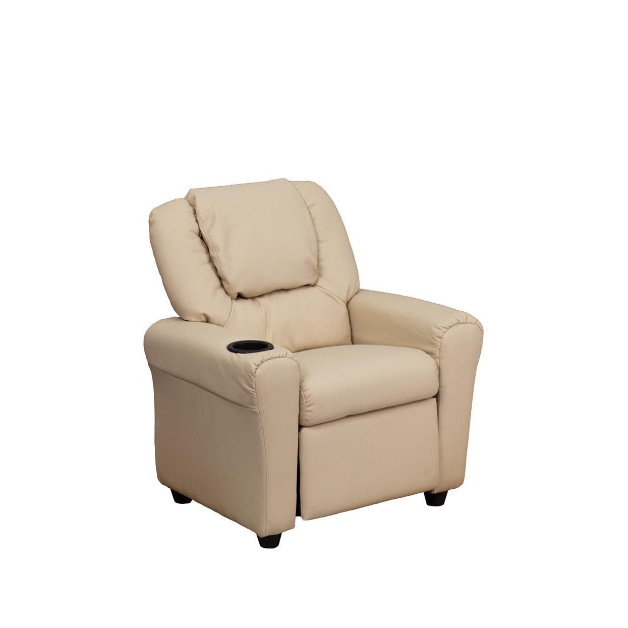 Beige Vinyl Kids Recliner with Cup Holder and Headrest