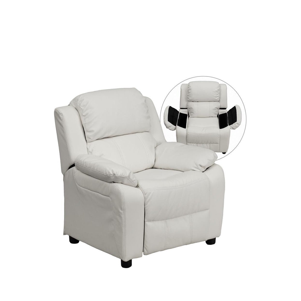 Padded White Vinyl Kids Recliner with Storage Arms