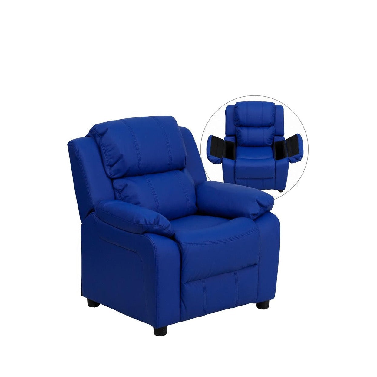 Padded Blue Vinyl Kids Recliner with Storage Arms