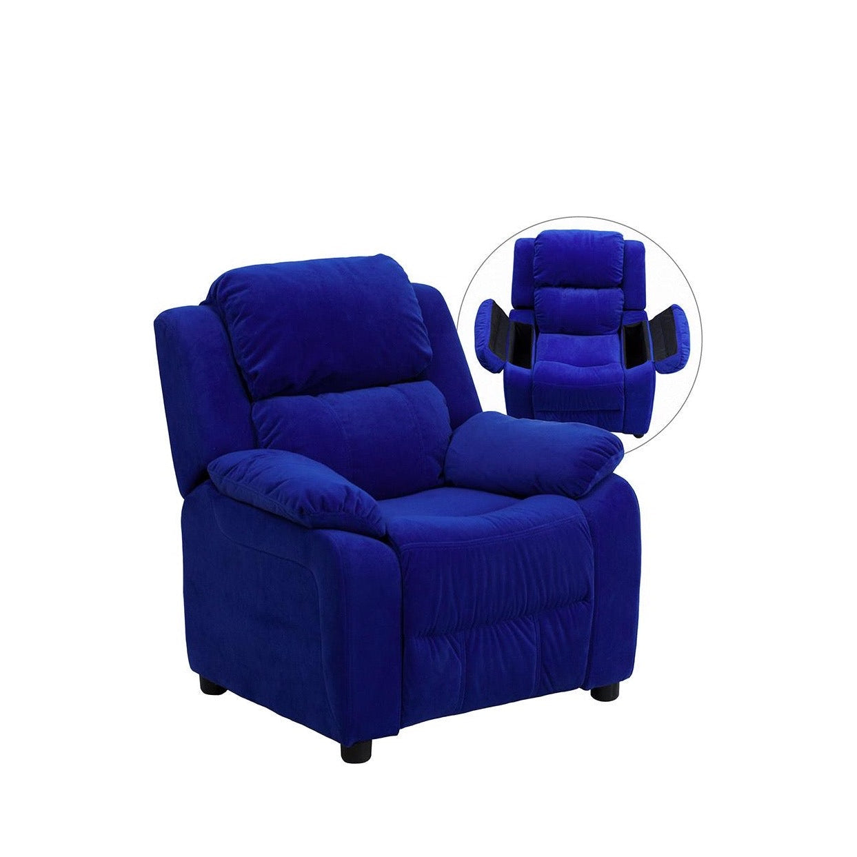 Padded Blue Microfiber Kids Recliner with Storage Arms