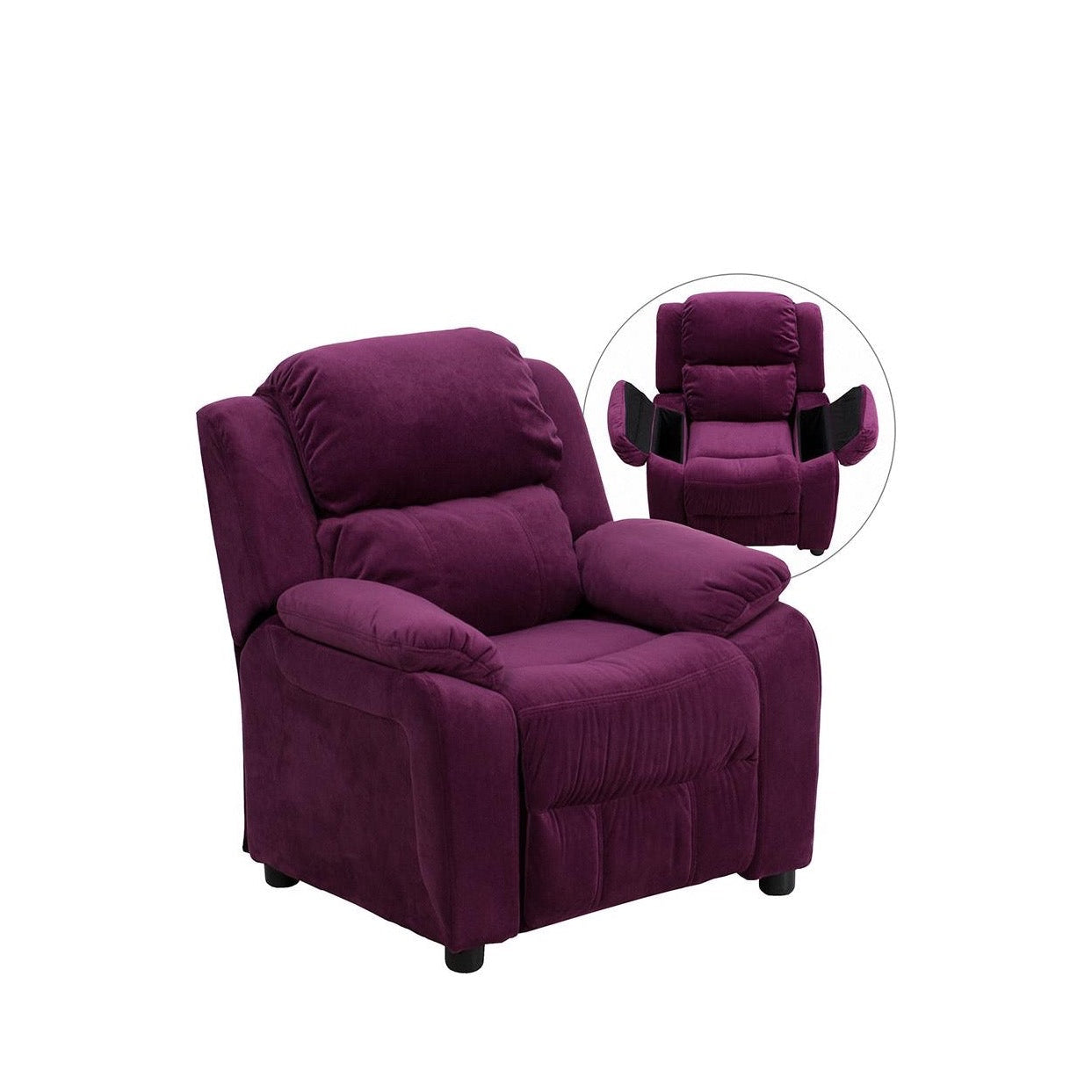 Padded Purple Microfiber Kids Recliner with Storage Arms