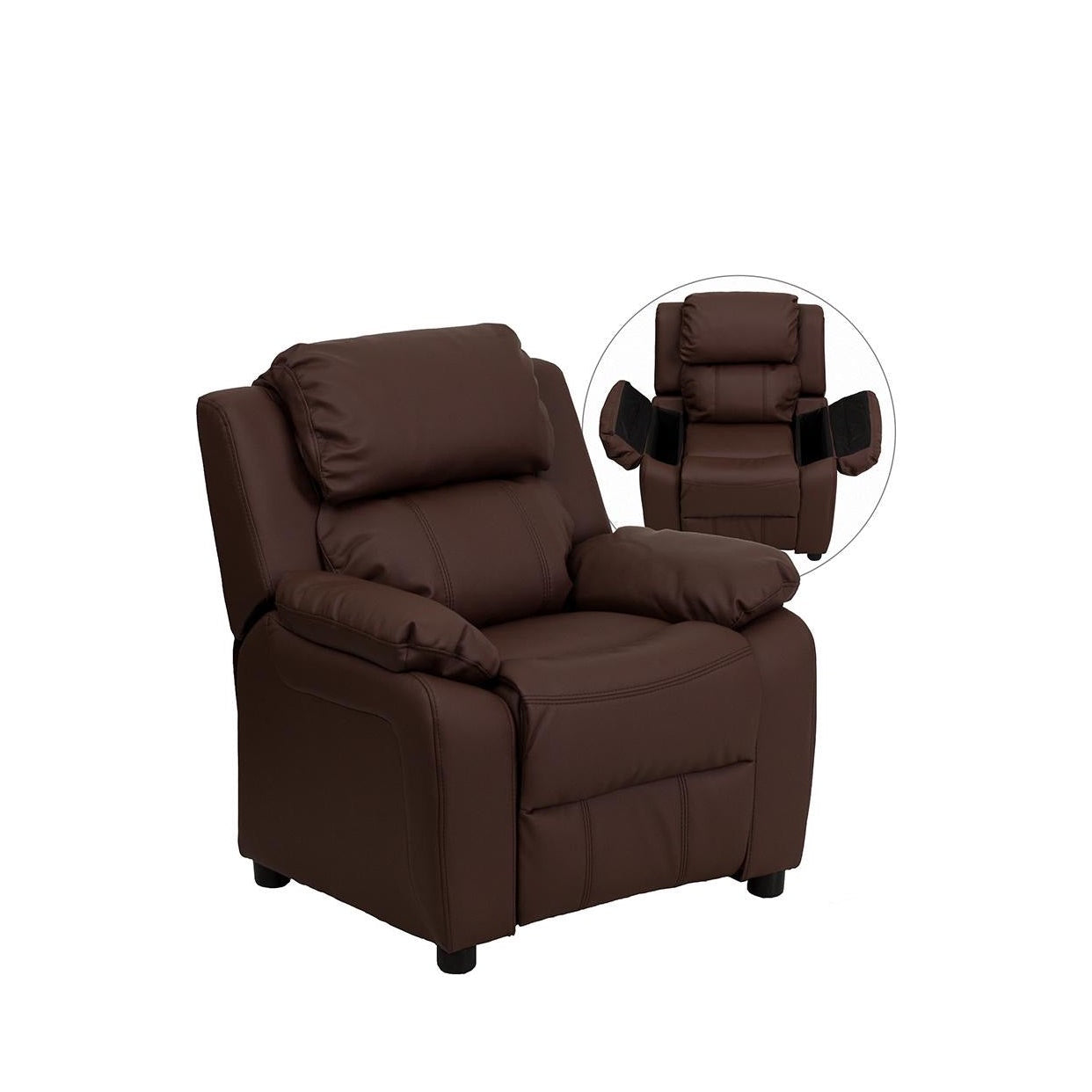 Padded Brown LeatherSoft Kids Recliner with Storage Arms