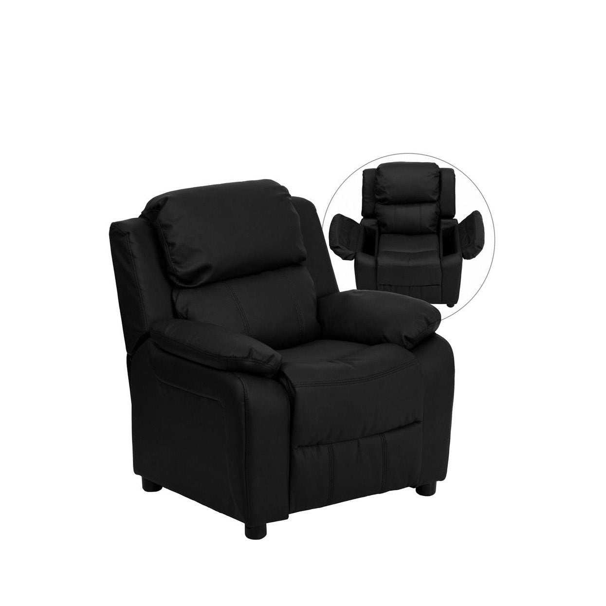 Padded Black LeatherSoft Kids Recliner with Storage Arms