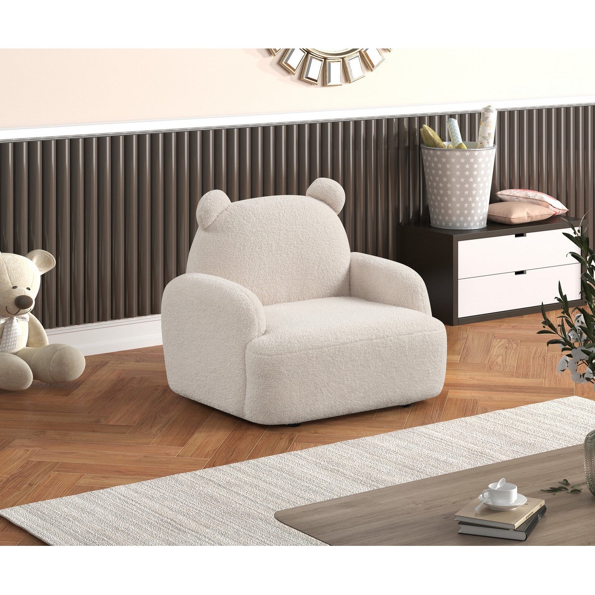 Beige Sherpa Bear-Shaped Kids Armchair