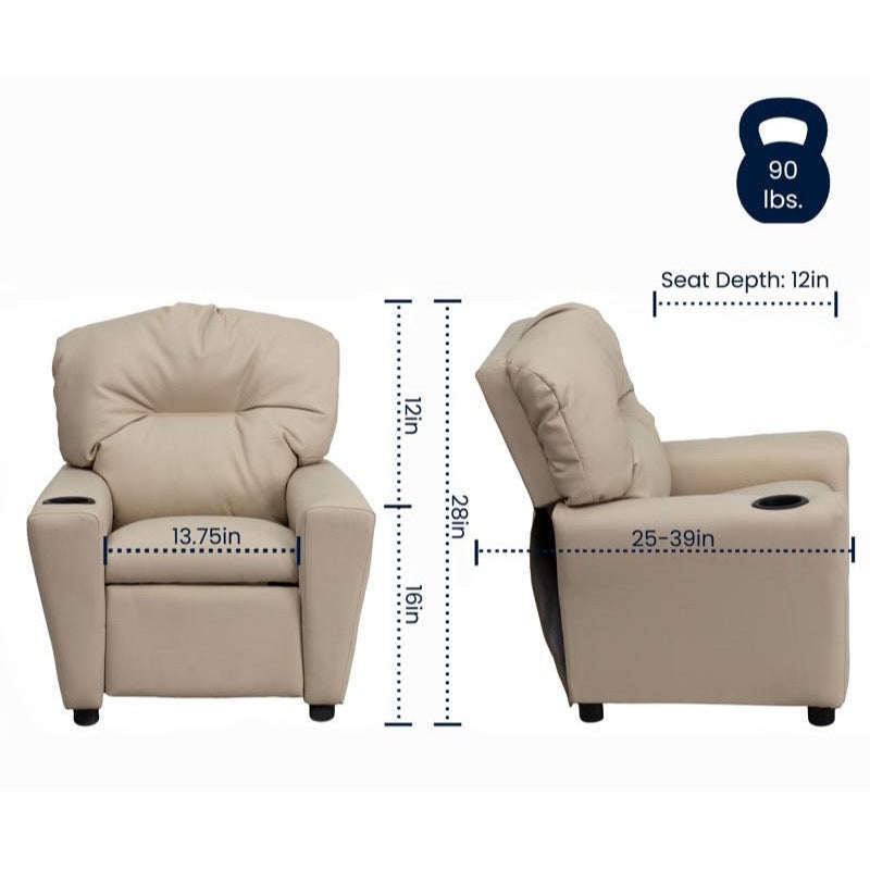 Beige Vinyl Kids Recliner with Cup Holder