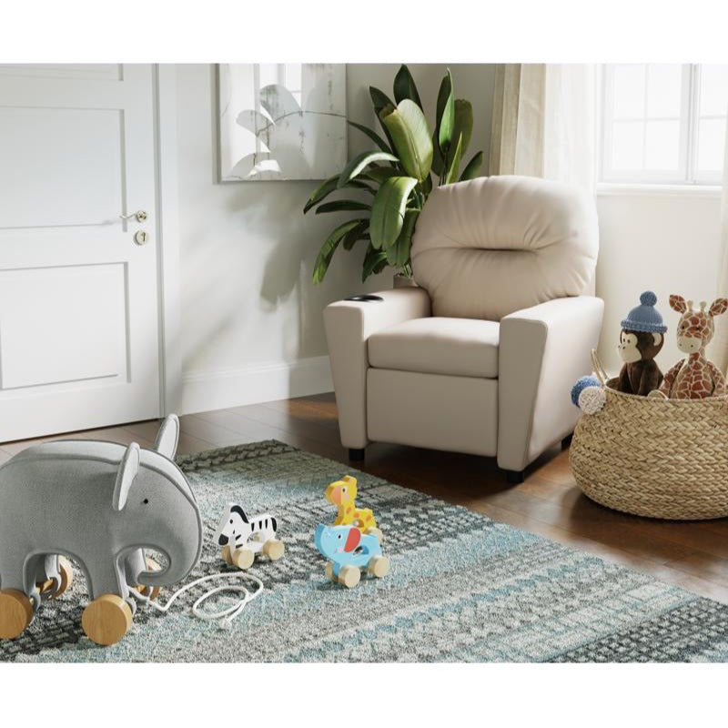 Beige Vinyl Kids Recliner with Cup Holder