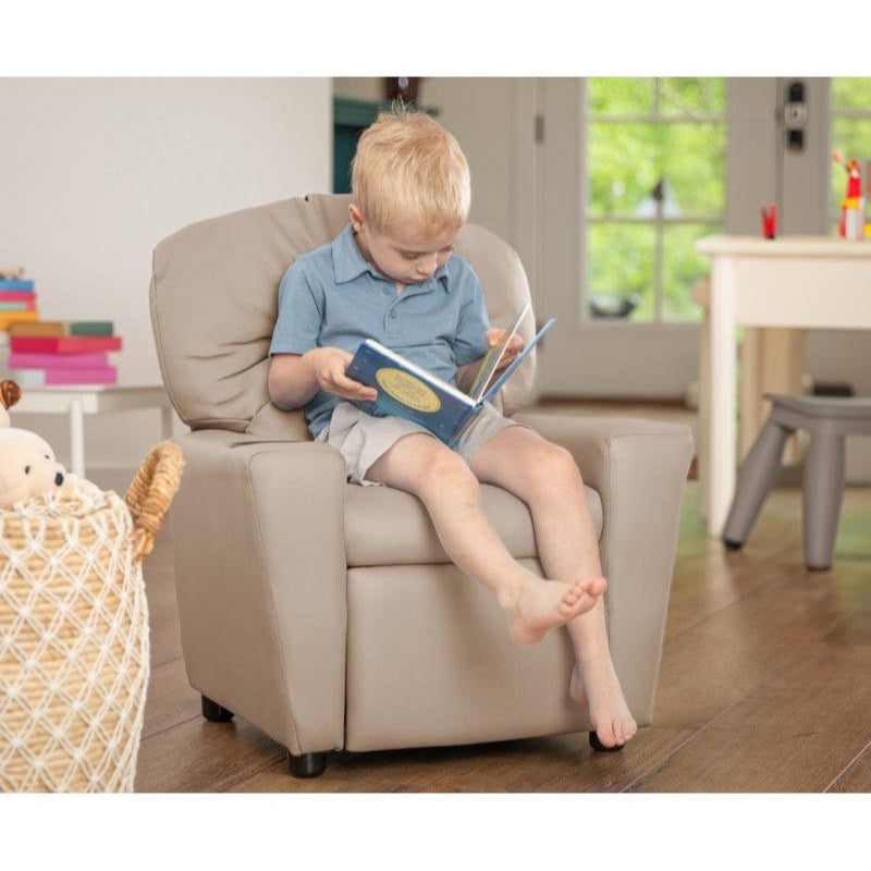 Beige Vinyl Kids Recliner with Cup Holder