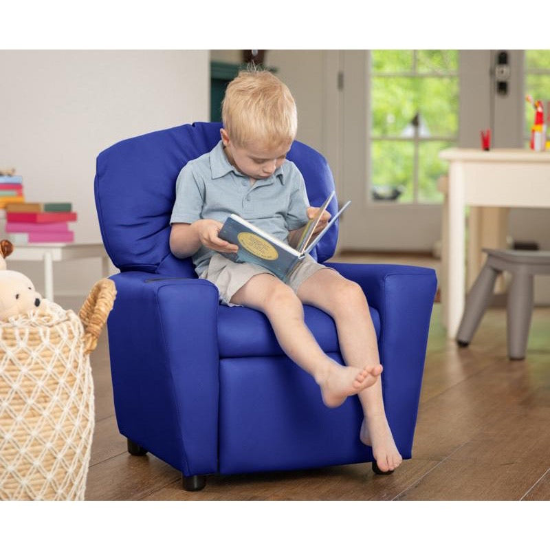 Blue Vinyl Kids Recliner with Cup Holder