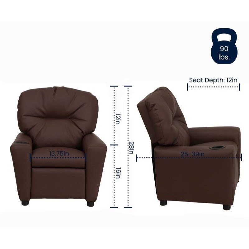 Brown LeatherSoft Kids Recliner with Cup Holder