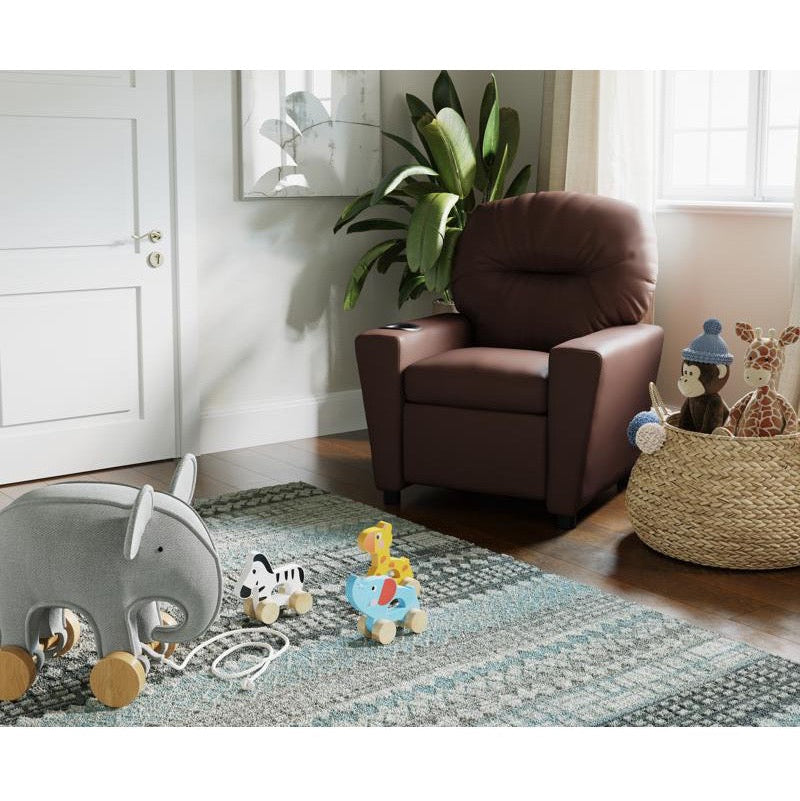 Brown LeatherSoft Kids Recliner with Cup Holder