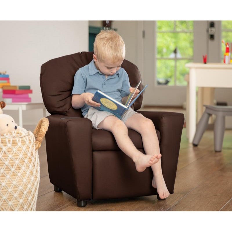 Brown LeatherSoft Kids Recliner with Cup Holder