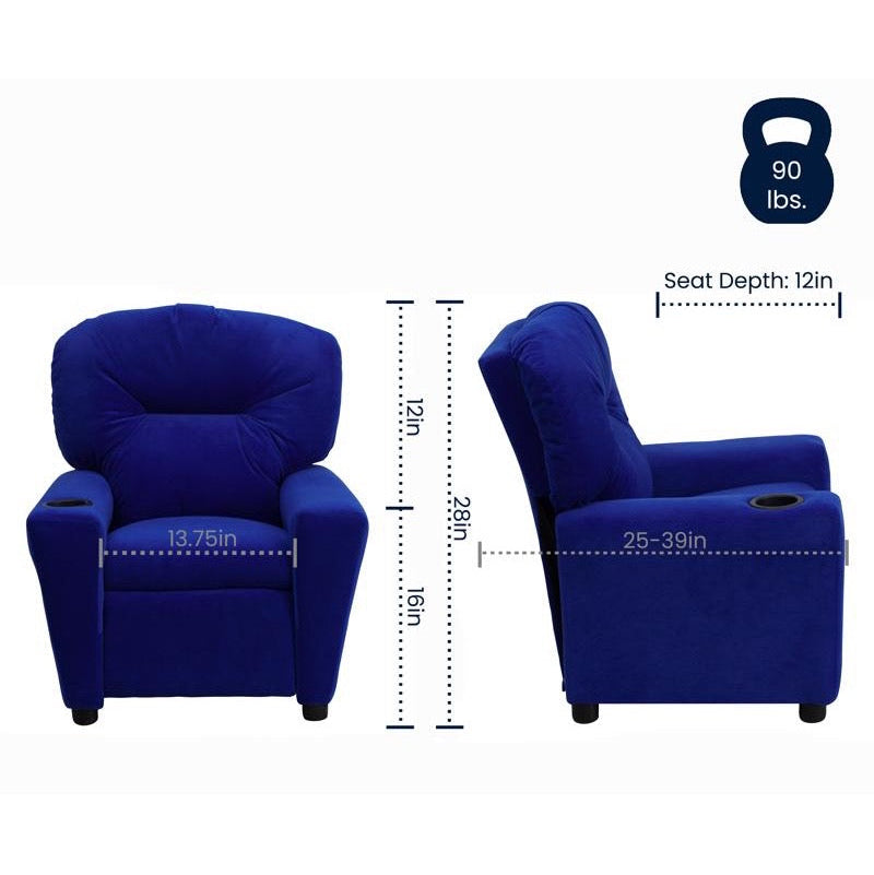 Blue Microfiber Kids Recliner with Cup Holder