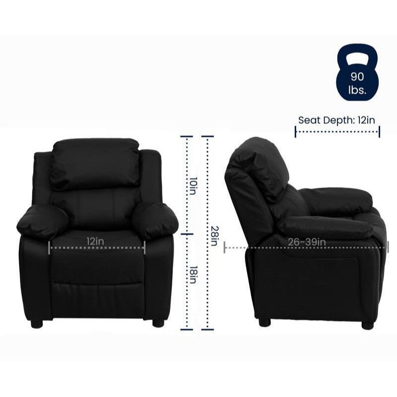 Padded Black LeatherSoft Kids Recliner with Storage Arms