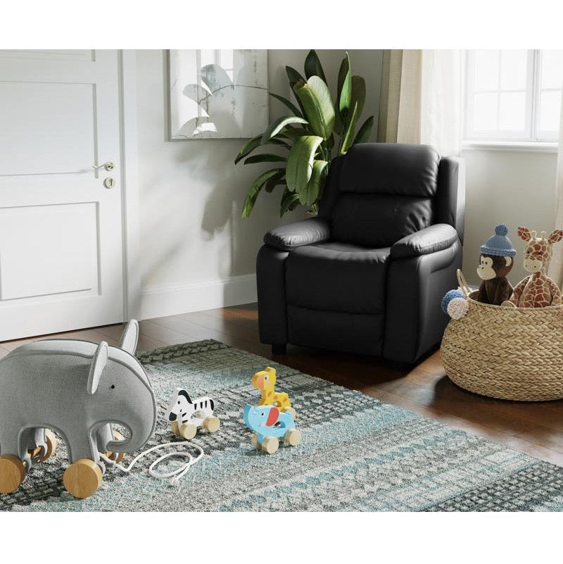 Padded Black LeatherSoft Kids Recliner with Storage Arms