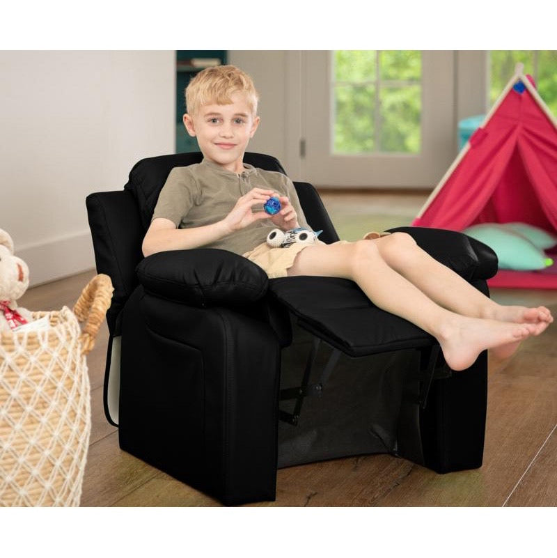 Padded Black LeatherSoft Kids Recliner with Storage Arms