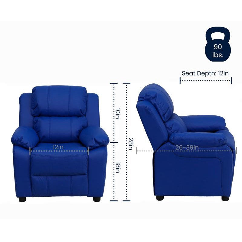 Padded Blue Vinyl Kids Recliner with Storage Arms