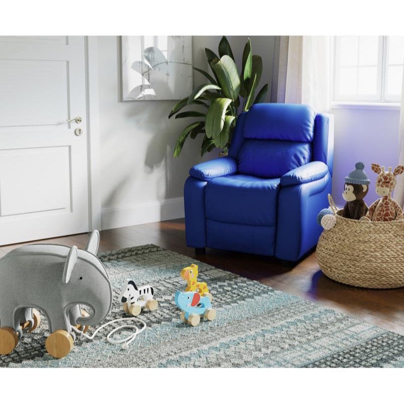 Padded Blue Vinyl Kids Recliner with Storage Arms