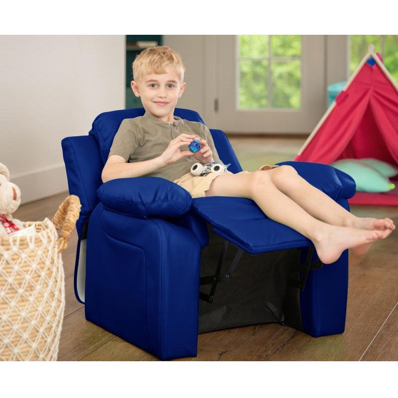 Padded Blue Vinyl Kids Recliner with Storage Arms