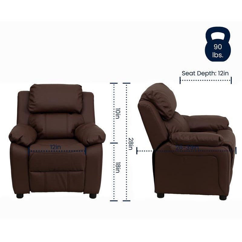 Padded Brown LeatherSoft Kids Recliner with Storage Arms