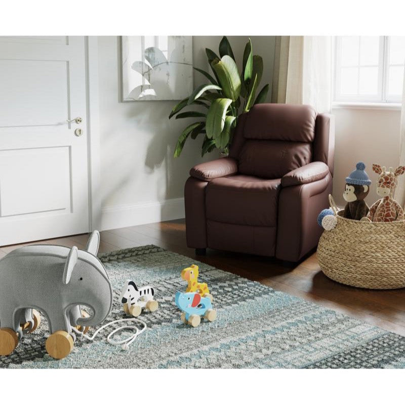 Padded Brown LeatherSoft Kids Recliner with Storage Arms