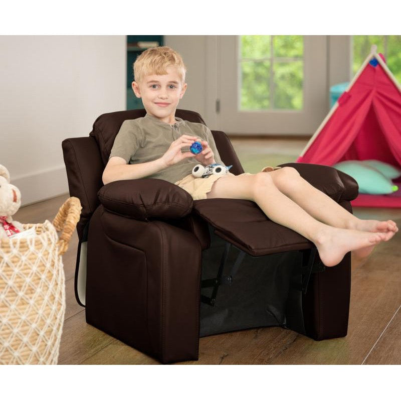Padded Brown LeatherSoft Kids Recliner with Storage Arms