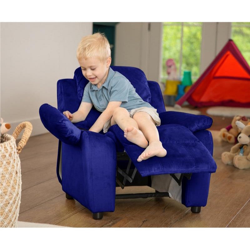 Padded Blue Microfiber Kids Recliner with Storage Arms
