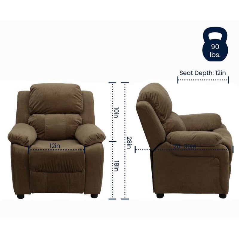 Padded Brown Microfiber Kids Recliner with Storage Arms