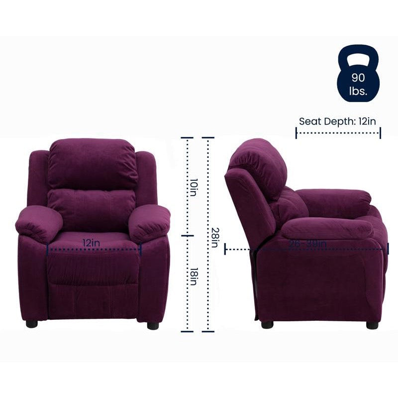 Padded Purple Microfiber Kids Recliner with Storage Arms