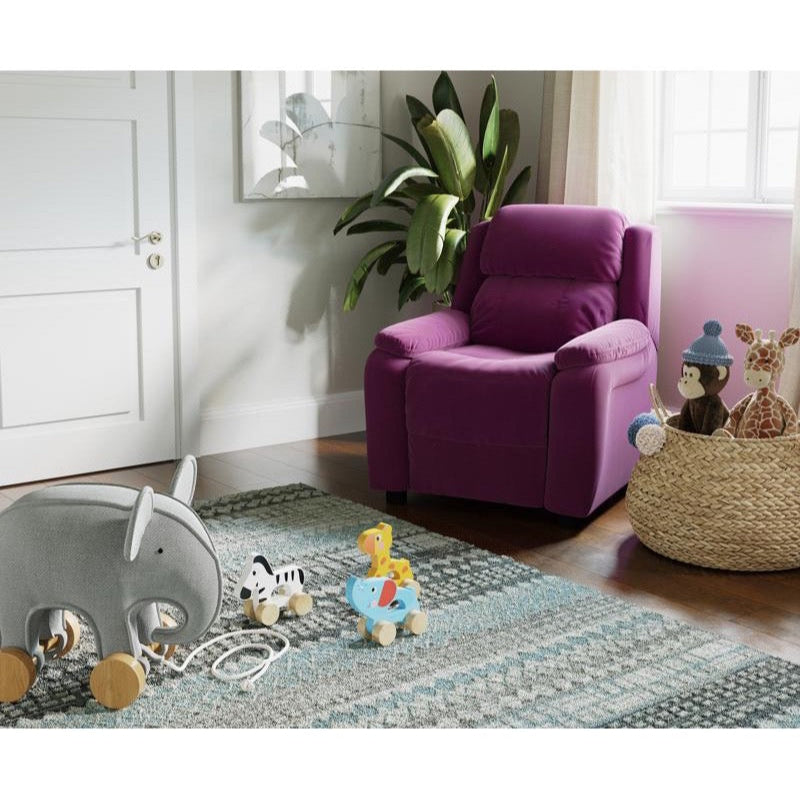 Padded Purple Microfiber Kids Recliner with Storage Arms