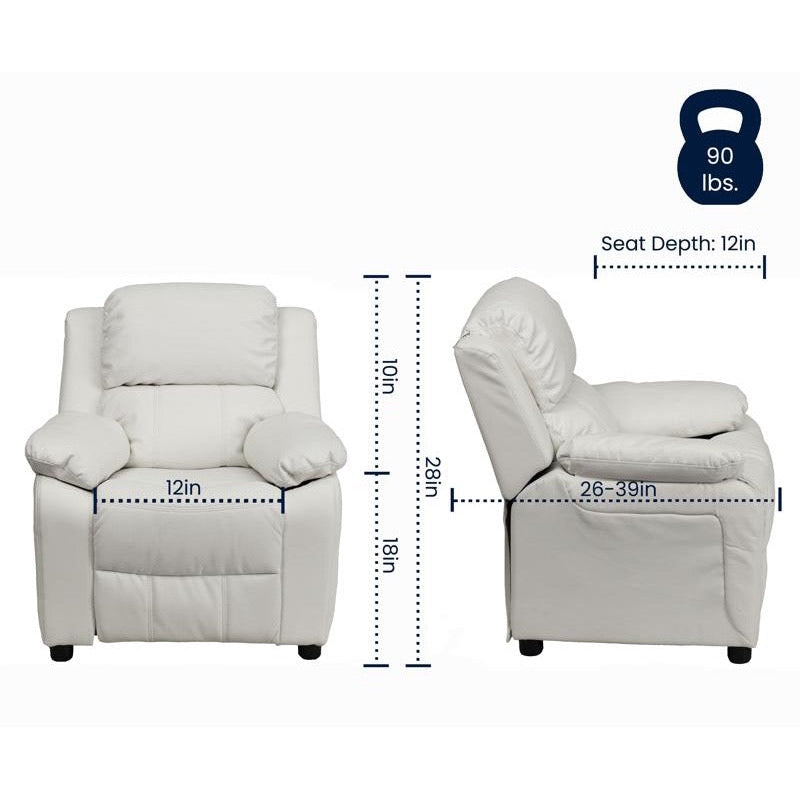 Padded White Vinyl Kids Recliner with Storage Arms
