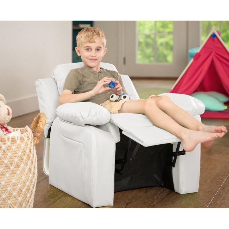 Padded White Vinyl Kids Recliner with Storage Arms
