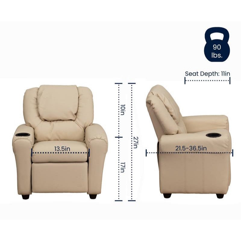 Beige Vinyl Kids Recliner with Cup Holder and Headrest