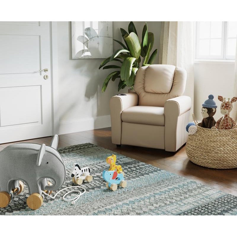 Beige Vinyl Kids Recliner with Cup Holder and Headrest