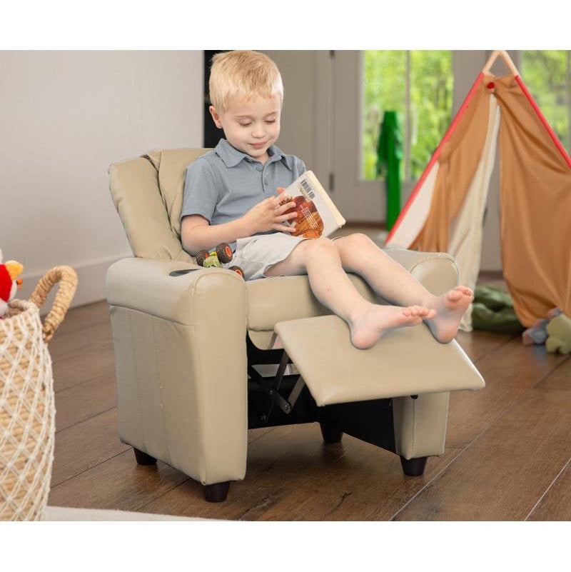 Beige Vinyl Kids Recliner with Cup Holder and Headrest