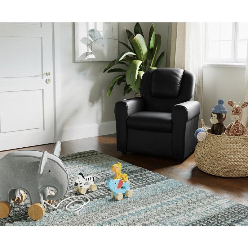 Black LeatherSoft Kids Recliner with Cup Holder and Headrest
