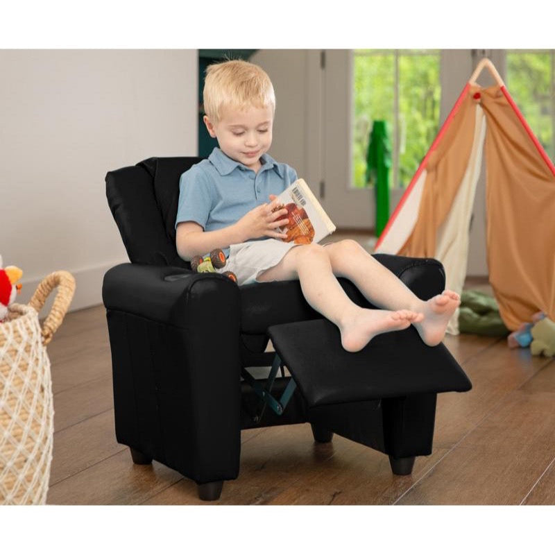 Black LeatherSoft Kids Recliner with Cup Holder and Headrest
