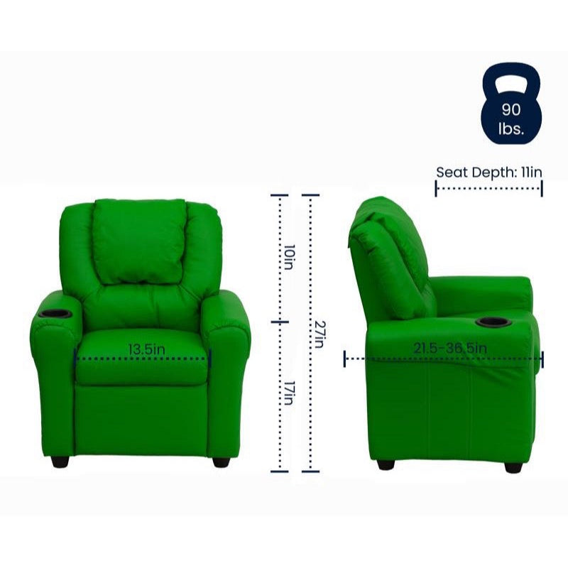 Green Vinyl Kids Recliner with Cup Holder and Headrest