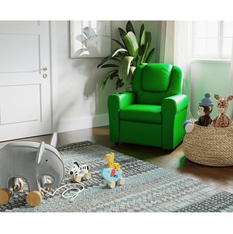 Green Vinyl Kids Recliner with Cup Holder and Headrest