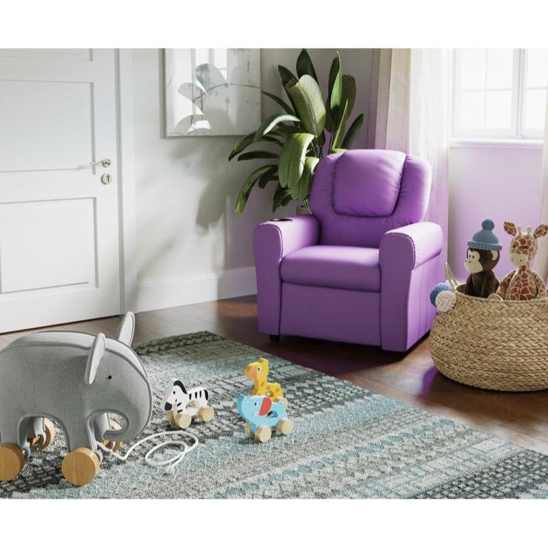 Lavender Vinyl Kids Recliner with Cup Holder and Headrest