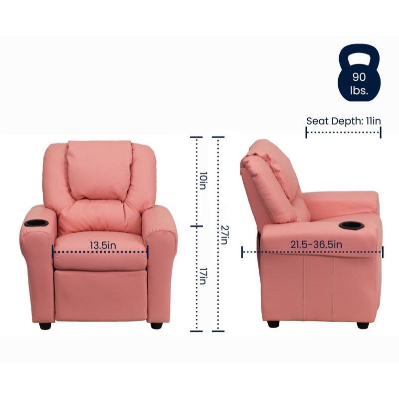 Pink Vinyl Kids Recliner with Cup Holder and Headrest