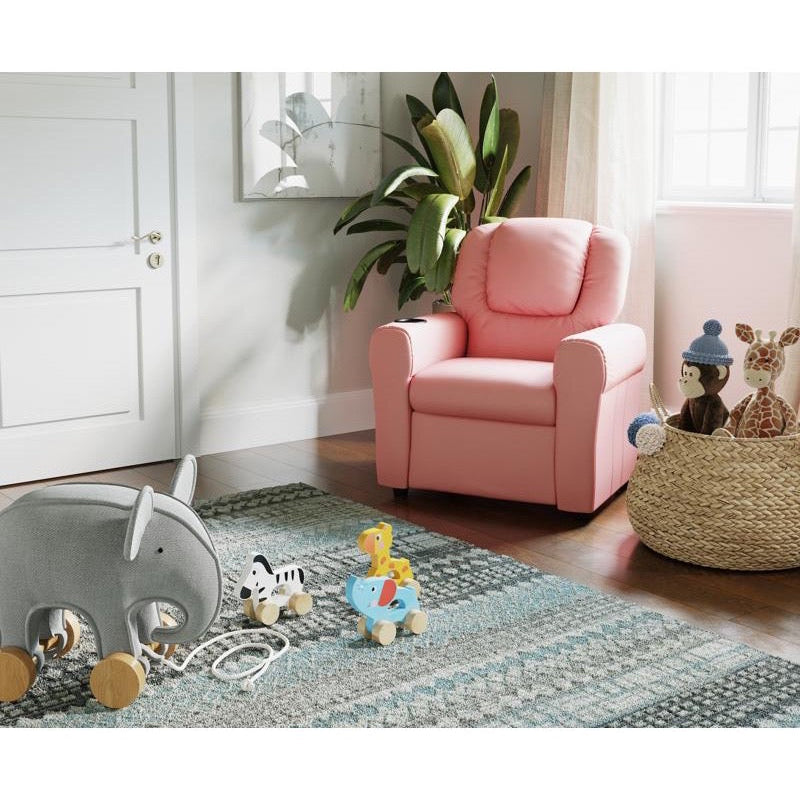 Pink Vinyl Kids Recliner with Cup Holder and Headrest