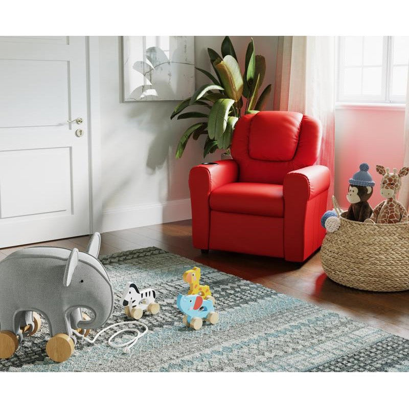Red Vinyl Kids Recliner with Cup Holder and Headrest