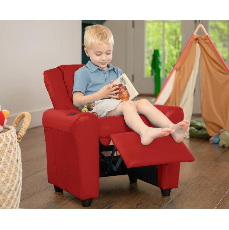 Red Vinyl Kids Recliner with Cup Holder and Headrest